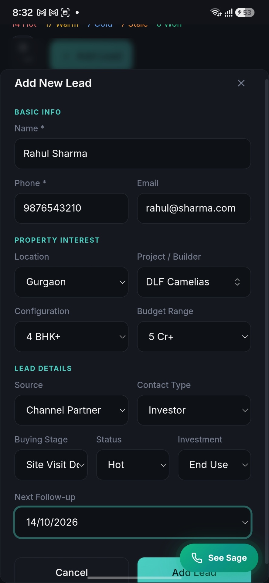 Add new lead form with full context