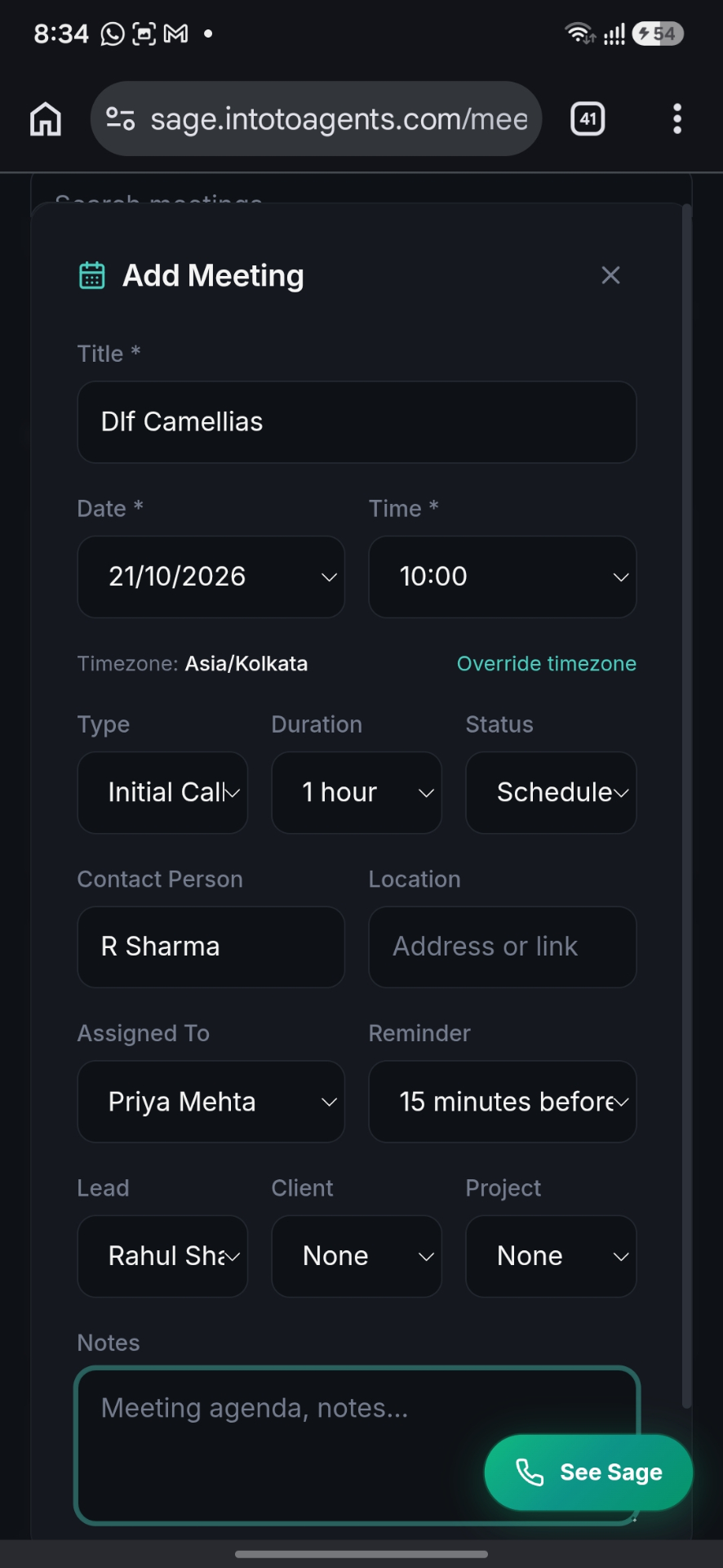 Sage Add Meeting form with calendar sync
